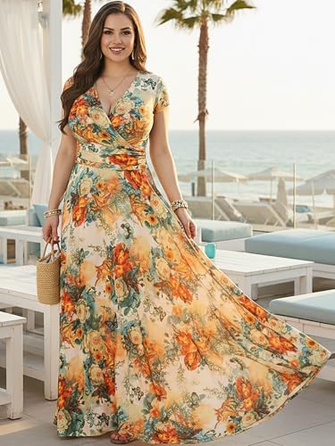 Image of KOH KOH Womens Short Cap Sleeve Summer Floral Print Long Casual Maxi Dress