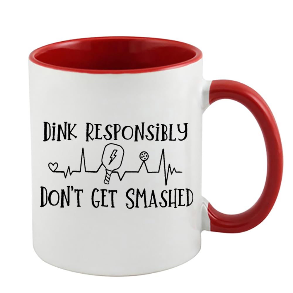 Giftme Pickleball Mug, Dink Responsibly Don't Get Smashed, Women's Pickleball, Inside Coloured Mug, Ceramic Coffee, Tea Mug. (Red)