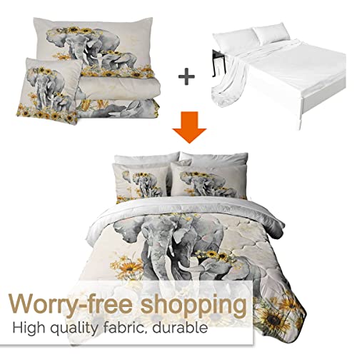 Blessliving Elephant Sunflowers Queen Comforter Set - 8 Piece Hippie African Elephant Bed In A Bag, Rustic Elephant Bedding Sets Queen With Comforters, Sheets, Shams & Pillowcases #TOP4