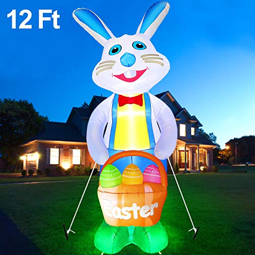AMENON - Conejito Inflable de Pascua de 366 cm de Altura, con Cesta y Huevos, decoración de Pascua, Conejo de Pascua con Luces LED para casa, Patio, jardín, jardín