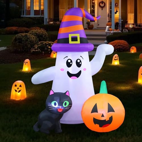 5FT Cute Halloween Inflatables Ghost, Blow Up Wizard Ghost with P...