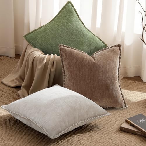 Image of decorUhome Fall Chenille Soft Cozy Throw Pillow Covers 24x24 Set of 2, Modern Farmhouse Boho Velvet Decorative Euro Sham Pillow Cases with Stitched Edge for Couch Sofa Bed Home Decor, Brown
