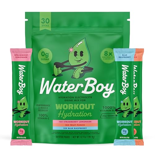 waterboy workout hydration  2960mg sugar free electrolyte powder packets  l-glutamine  vitamins  no sugar all natural gluten free variety
