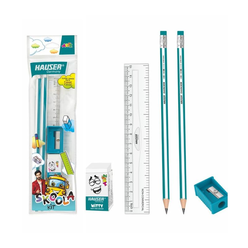 Image of Hauser Germany Skoola Mini Stationery Kit | All-in-One Stationery Solution for School, Office & College | Includes Pencil, Scale, Eraser & Sharpener | Ideal for Return Gifting | Pack of 10
