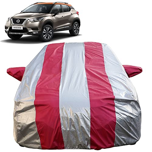 Image of Autofact Waterproof Car Body Cover Compatible with Nissan Kicks (2021 to 2022) with Mirror Pockets (Pink Stripes with Shinning Silver Fabric /Waterproof Cover)