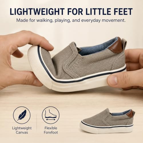 Image of waddle wonder Toddler Slip-On Shoes for Boys & Girls, Canvas Loafers with Elastic Gore, Non-Slip Rubber Sole, Casual School Walking Sneakers, Khaki-Gray, Toddler Sizes 6-12