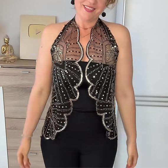 Vintage Lace Beaded Shawl, Women's 1920s Soft Stylish & Versatile Mesh Fringe Wraps, Sequin Beaded Shawls and Wraps4