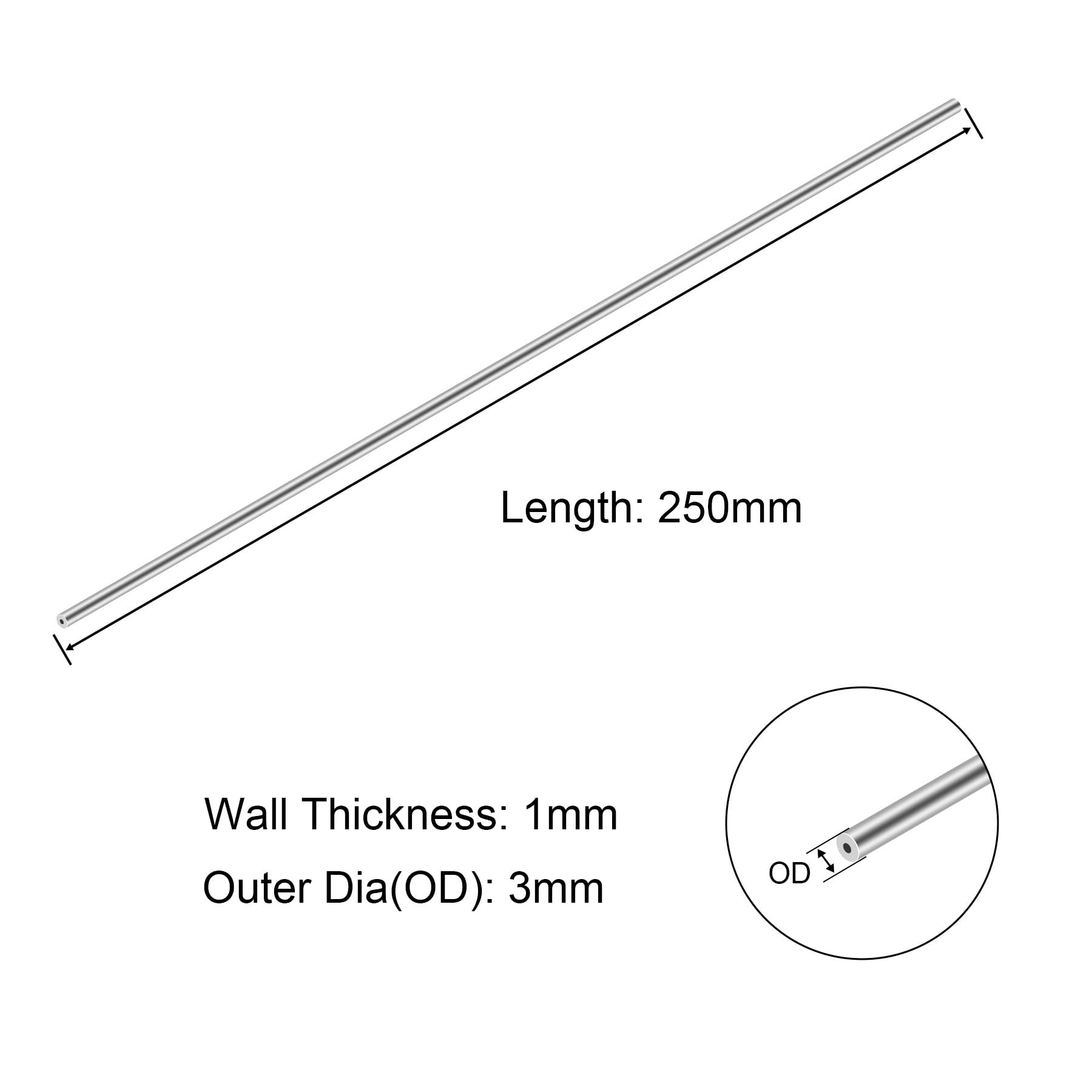 304 Edelstahlrohre, 3 mm Außendurchmesser x 1 mm Wandstärke, 250 mm Länge, nahtlos, Edelstahl, industrielles gerades Rundrohr (3 Stück)