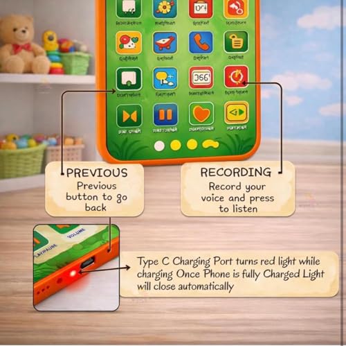 Image of Educational Phone Type-C Rechargeable Musical Toy 28 Functions, Alphabet, Numbers, Varnmala, Animal Sounds, Nursery Rhymes in English & Hindi for Age 2 &10 Years (Dinosaur Model)