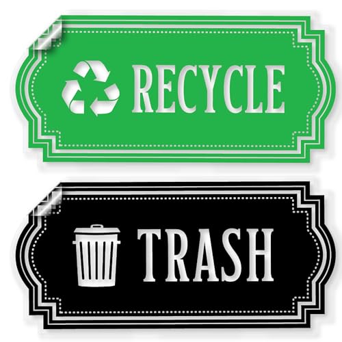 Image of Recycle and Trash Stickers for Garbage Cans - Green Premium Clear Vinyl Recycling Bin Labels - 4 Pack - 4.75 inch by 2.25 inch Decals Logo - Waste Signs for Home Kitchen or Office Bins Indoor /Outdoor Use