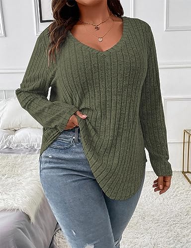 Image of Koscacy Women Plus Size Casual Knit Sweater V Neck Solid Color Tops Lightweight Long Sleeve Blouses