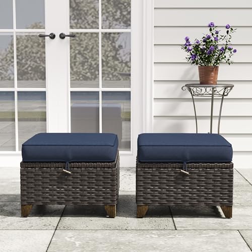 Image of 2 Pieces Patio Outdoor Ottomans with Removable and Washable Covers，PE Rattan Wicker Footstools for Porch, Garden, Sunroom (Navy Blue) | Patio Ottoman Set with Olefin Removable Cushion, All-Weather Ottoman with Deep Seat for Porch, Deck and Backyard, Blue