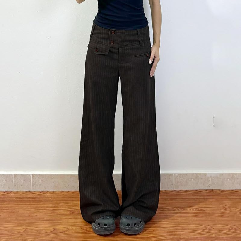 heyheyshine Striped Pants Women Color Block High Elastic Waisted Drawstring Straight Wide Leg Casual Y2k Pants Work Trousers2