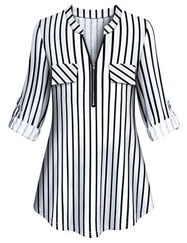 Tanst Sky Henley Long Sleeve T-Shirts For Women, Swing Tunic Blouses Casual Printed Shirts Fall Fashion Clothes Sexy Quarter-Zip V Neck Pullover Tops With Front Pockets Striped 2Xl #TOP10