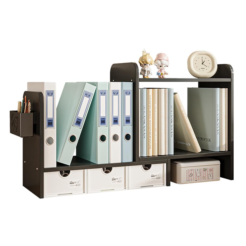 NUODWELL Desktop Bookshelf with 3 Drawers, Countertop Bookcase Display Rack
