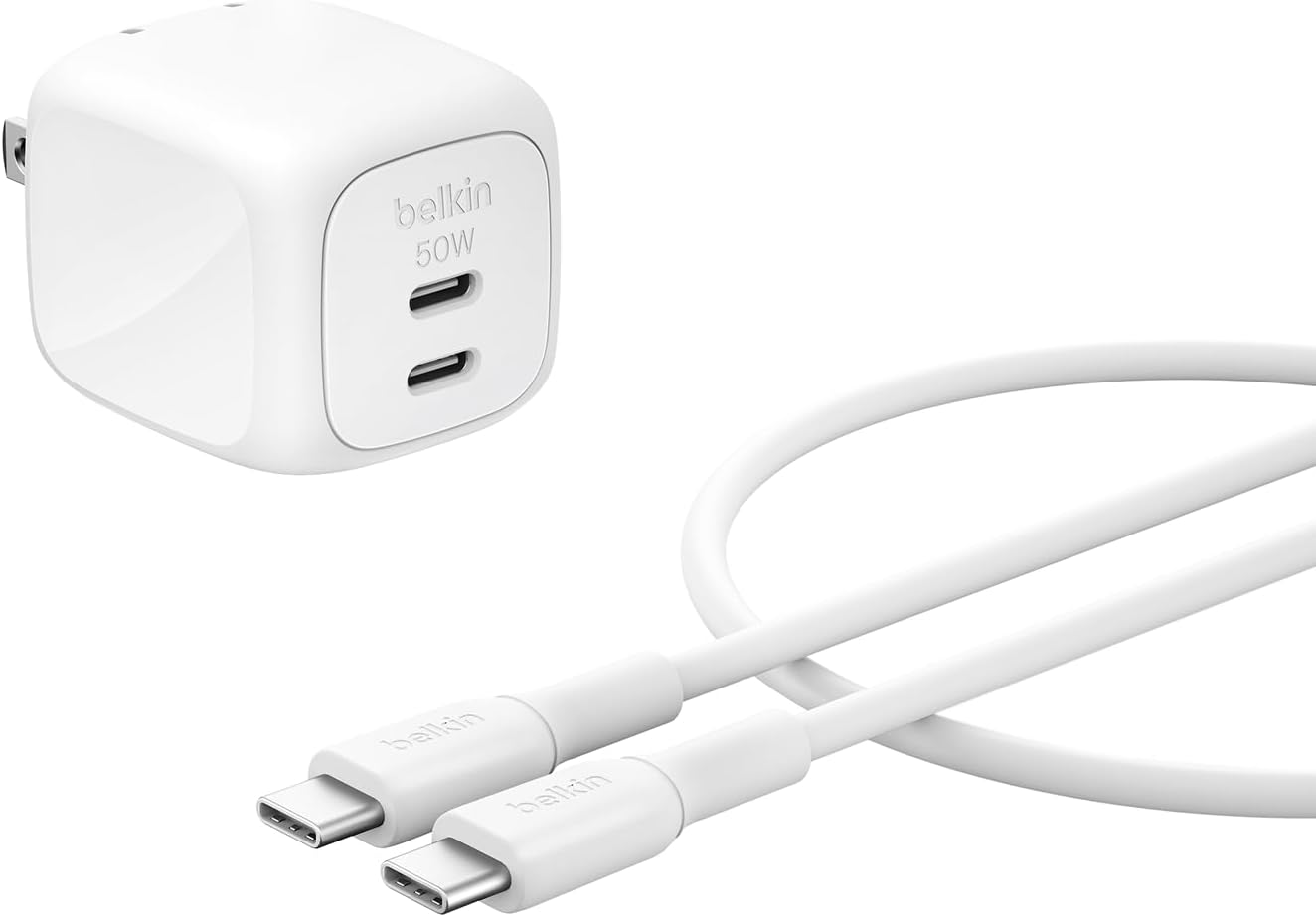 50W Dual GaN USB C Charger Block, USB C to C Cable Included | Fast Charging for MacBook, iPhone, iPad, Chromebook, Galaxy, Google Pixel, Travel Essentials
