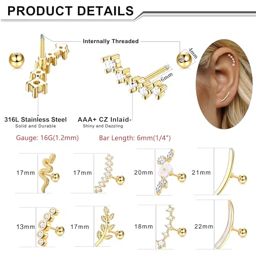 FIBO STEEL 8 PCS 16G Cartilage Earrings Helix Piercing Jewelry for Women Stainless Steel Opal CZ Conch Daith Tragus Piercing Jewelry Flower Snake Leaf Screw Back Stud Earrings Set4