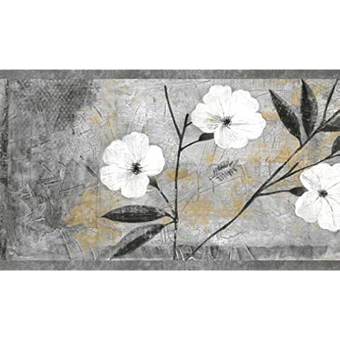 Dundee Deco BD6054 Peel and Stick Wallpaper Border - Floral White, Gray, Brown, Black Abstract Flowers Wall Border Retro Design, 15 ft x 7 in (4.57m x 17.78cm), Self Adhesive Cover