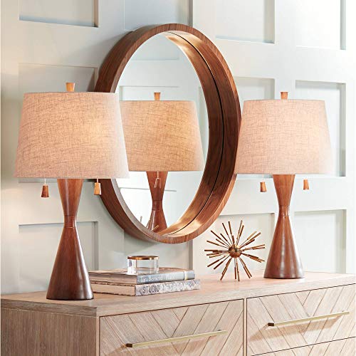 360 Lighting Omar Mid Century Modern Chic Style Table Lamps 28.75" Tall Set Of 2 Warm Brown Wood Oatmeal Tapered Drum Shade Decor For Living Room Bedroom House Bedside Nightstand Home #TOP1