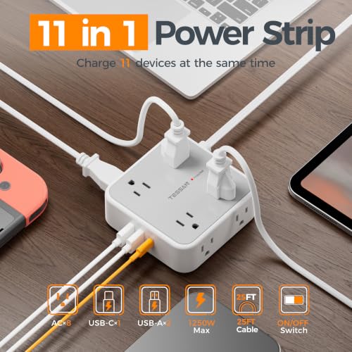 Image of TESSAN Surge Protector Power Strip, 25 Ft Flat Plug Extension Cord with 3 USB (1 USB C 20W PD) 8 Outlets, 1250W, 900J Protection, 3 Sided Outlet Extender with Power Switch for Office, Dorm Room, Grey