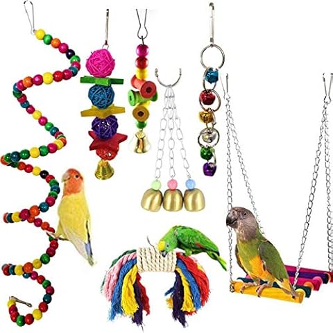 Wonninek Bird Toys Parrots Toy 7pcs Hanging Swing Chewing Bell Toy for Cage Conures Parakeets Cockatiels Macaws Finches Mynah Budgies Cover