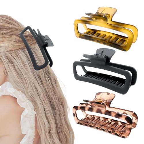 3 Pack Hair Claw Clips 5.1 Inch Large Square Rectangle Jaw Clips Plastic Hollow Strong Hold XL Claw Clip for Thick Curly Long Hair Women Leopard Yellow Black Matte Amber