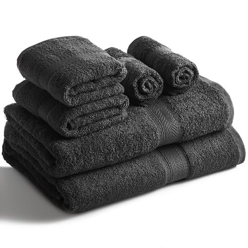 SweetNeedle 6 Piece Towel Set - 2 Bath Towels, 2 Hand Towels and 2 Washcloths Cotton Daily Use Hotel Spa Quality Soft Highly Absorbent Quick Dry Light Weight (Black)
