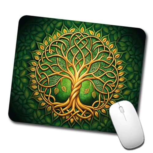 Irish Celtic Knot Tree of Life Green and Golden Low Profile Mouse Pad Mat