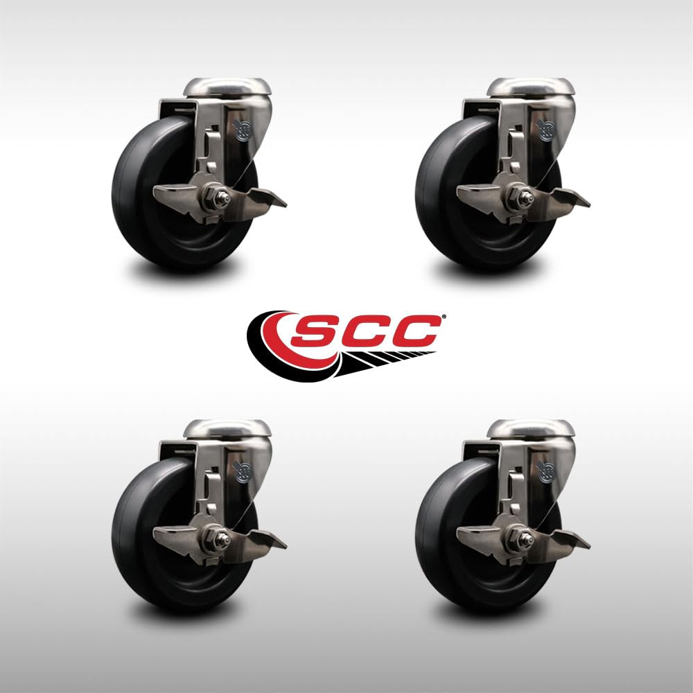 Polyolefin Swivel Bolt Hole Caster Set of 4 with 4 Inch Black Caster Wheels - 316 Stainless Steel Casters -Includes 4 Swivel Casters with Top Lock Brakes-1,400 lbs. Total Capacity-Service Caster Brand