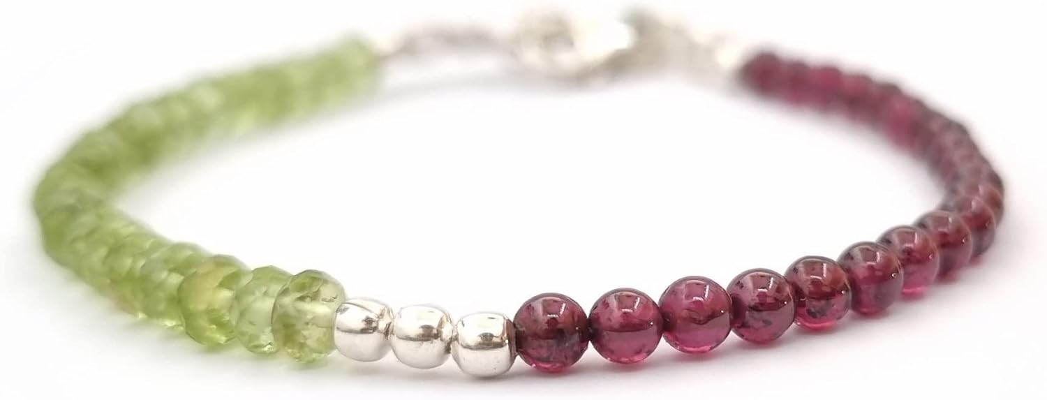 Peridot Rondelle and Garnet Bead Bracelet with Sterling Silver Clasp – Genuine Gemstone Healing Crystal Jewelry, Birthstone for Women