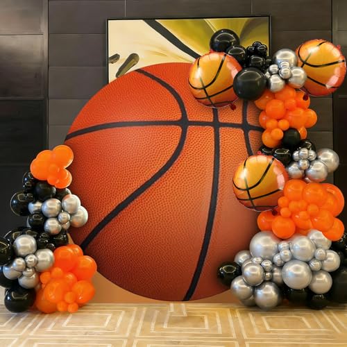 Teyva Daily 99 Pcs Basketball Party Decorations 6.5ft Basketball Backdrop Balloons Garland Kit Orange Black Silver Balloons for Sports Theme Birthday Party Decorations
