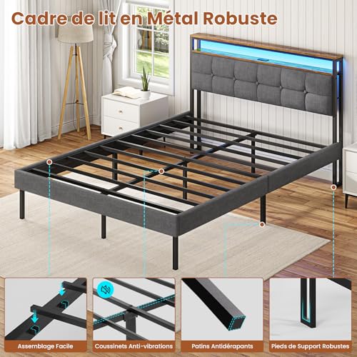 Lit 140x190 LED + USB/Type-C avec rangement AOGLLATI