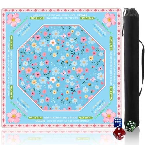 Pittera Mahjong mat for Table/31.5lnch/American Mahjong Table Cloth with Rules mats with Drawstring Bag,Noise ReductionAnti-Slip Game mat for Table,for Mahiona/PokerBoard Games/Card Games (Flower)
