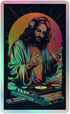 Topless Fashion DJ Jesus Spins on Vinyl Holographic Sticker for Indoor Use