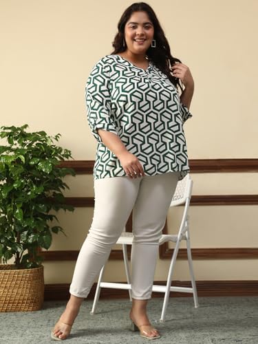 Image of oxolloxo Women Plus Size Green Abstract Rayon Print V-Neck with Long Roll up Sleeve & Pleate Detail Top