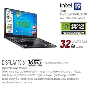 acer Notebook, Intel Core i9-13900H, fino a 5,4GHz, NVIDIA GeForce RTX 5060 8Gb GDDR7, RAM 32Gb, SSD pci nvme da 1Tb, 15.6" FHD IPS 165Hz, Wi-Fi 6e, Thunderbolt 4.0, ready to use