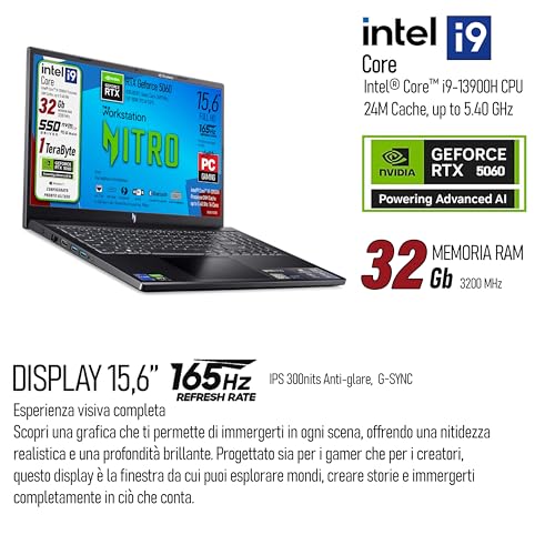 Notebook, Intel Core i9-13900H, fino a 5,4GHz, NVIDIA GeForce RTX 5060 8Gb GDDR7, RAM 32Gb, SSD pci nvme da 1Tb, 15.6" FHD IPS 165Hz, Wi-Fi 6e, Thunderbolt 4.0, Win 11, ready to use - Notebook - Immagine 1