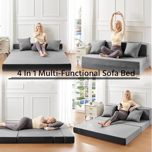 Image of Urban Decor Foldable Sofa Bed 6' X 6' Feet with Cushions | Perfect for Guest Jute Fabric Four Seater Sofa Cum Bed for Home & Office Space-Saving - SCB-4-Black