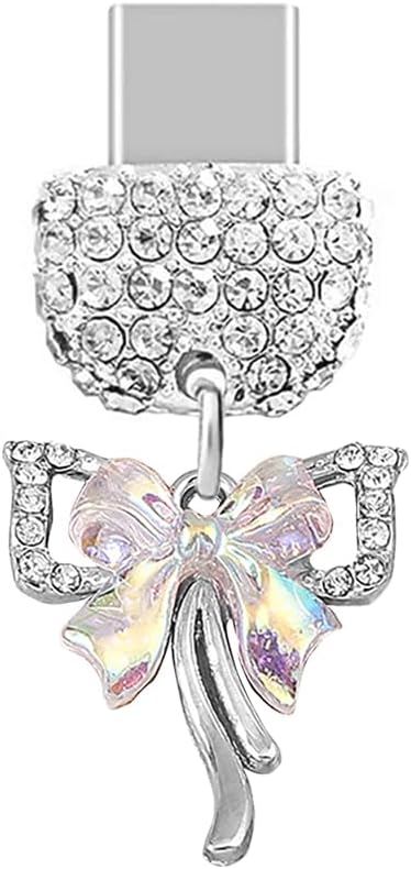 TP224 Type-C Charging Port Crystal Anti Dust Plug Little Double Bow Cell Phone Charm for Samsung Galaxy/OnePlus/Xiaomi/oppo Android Phone iPhone 15/16 (White)
