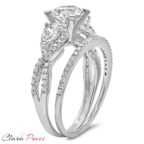 2.0Ct Round Pear Cut Solitaire 3 Stone Accent Lab Created White Sapphire & Simulated Diamond Engagement Promise Statement Anniversary Bridal Wedding Ring Band Set Real Solid 14K White Gold Size 11 #TOP6