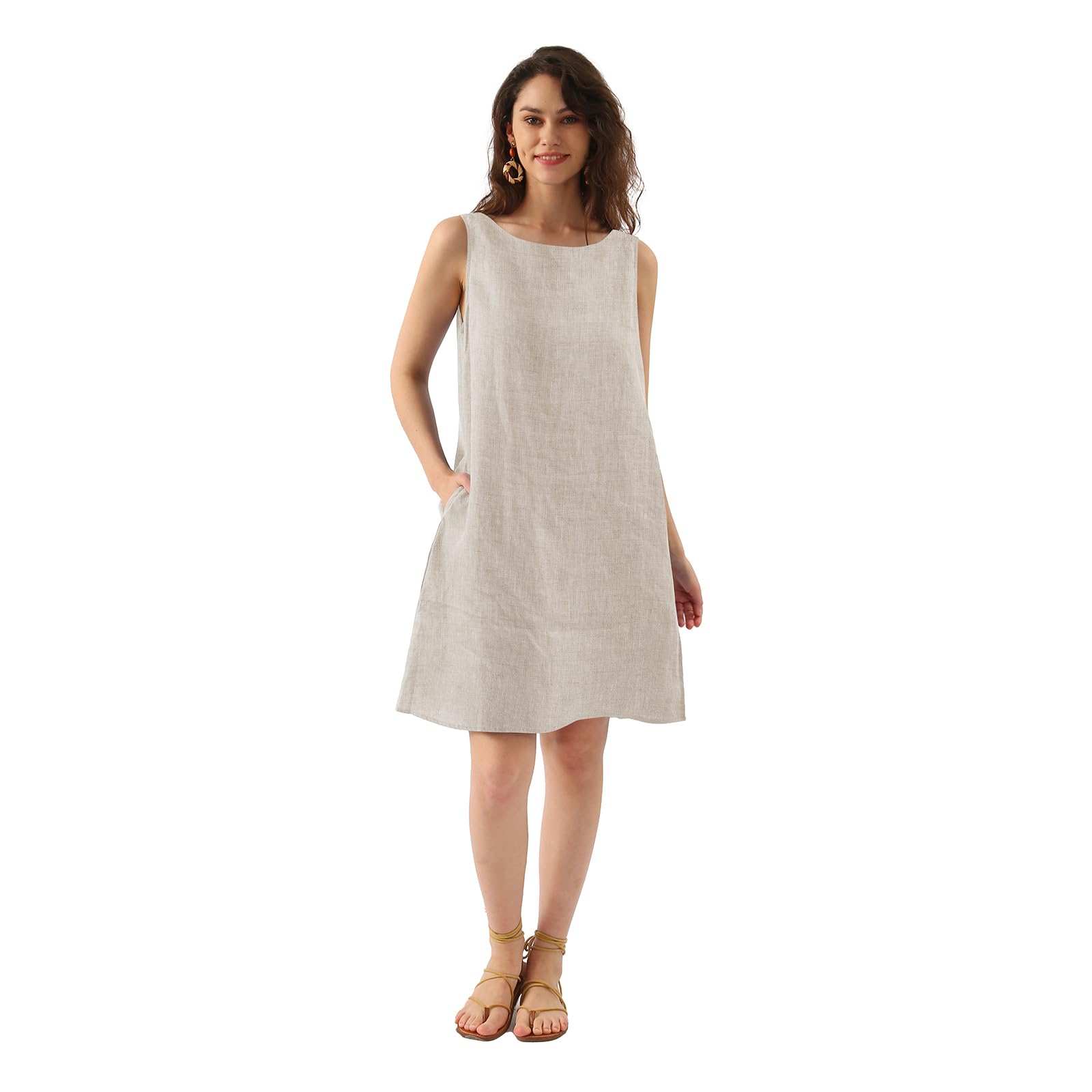 Amazhiyu Vestido de lino para mujer, sin mangas, vestido de verano, vestido de playa, vestido midi hasta la rodilla, cuello redondo, sin mangas, con bolsillos