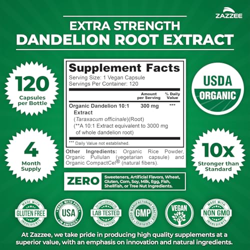 Image of Zazzee USDA Organic Dandelion Root 10:1 Extract, 120 Capsules | 4 Month Supply, Liver & Detox Support, Taraxacum Officinale, Organic Herbal Supplement, All-Natural, Non-GMO, Made in the USA