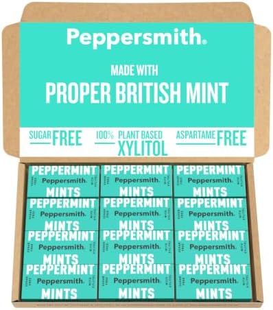 Peppersmith - British Peppermint Mints - 100% Plant Based Xylitol - Breath Freshener - Sugar Free Mints - Benefits Oral Health - Pocket Packs - 12x15g