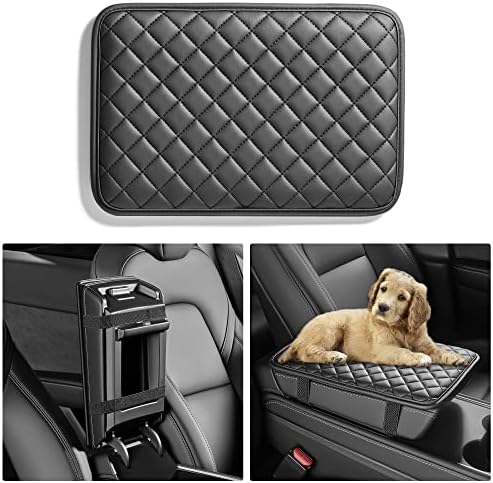 Car Center Console Cover Vehicle Armrest Covers Middle Storage Organizer Pad, Dog & Cat Paws Protetor, Nappa Leather, Waterproof, Anti-slip, Automotive Interior Accessories, Black, Size S, 12.0*8.1in