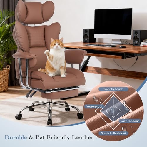 Image of DUMOS Big and Tall Office Chair 400 LBS, Scratch-Resistant PU Leather Executive Office Desk Chair with Footrest, Ergonomic Reclining Computer Chairs with Pocket Spring Support, Brown