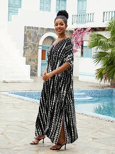 Image of sunforyou Kaftan Dresses for Women Plus Size Lightweight Swimsuit Cover up Batwing Sleeve Print Loungewear Beach Robe