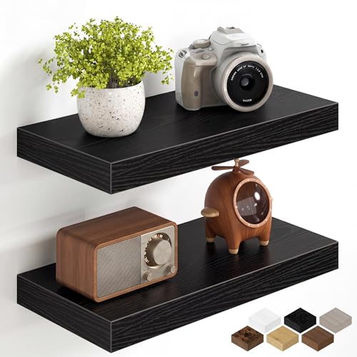 Image of Fun Memories 16Inch Floating Shelves for Wall, 8 Inch Deep Shelves for Bathroom|Bedroom|Kitchen Wall Mounted, Wood Hanging Shelf with Invisible Brackets for Home Storage Decor, Black - 2 Pack