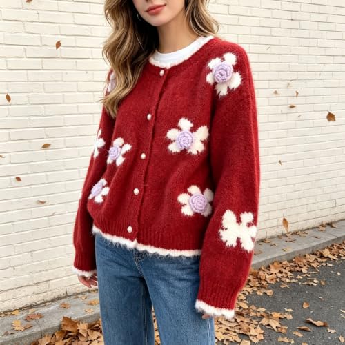 Image of FindThy Women's Kawaii 3D Floral Cardigan Long Sleeve Crewneck Knit Cardigan Sweaters