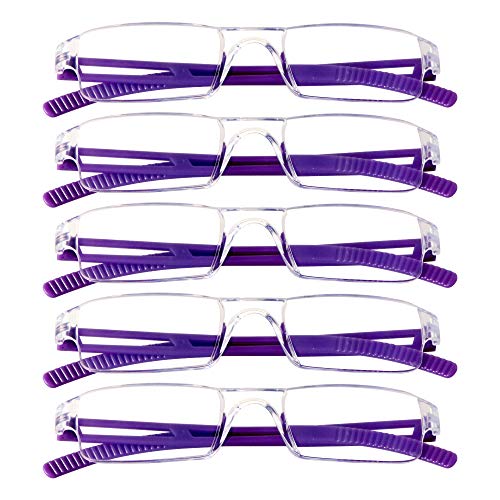 Image of VisionGlobal 5 Pairs Reading Glasses, Blue Light Blocking Glasses, Computer Reading Glasses for Women and Men, Fashion Square Eyewear Frame (Purple,+4.50 Magnification)