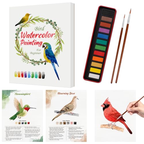 SkilLify Watercolor Workbook for Beginners, Bird Watercolor Paint Set, Art Crafts Watercolor Notebook Practice Coloring Book for Adults Teens with 12 Colors Painting Set & Brush